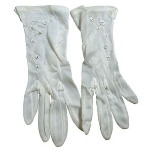 Vintage White Beaded Floral Vine Wrist Length Gloves Mid Century Bridal Formal